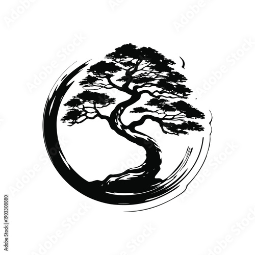 Black and white vintage illustration of an ancient bonsai tree in hand drawn engraving style vector art