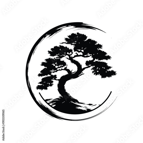Black and white vintage illustration of an ancient bonsai tree in hand drawn engraving style vector art