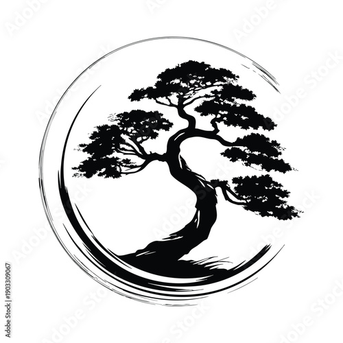 Black and white vintage illustration of an ancient bonsai tree in hand drawn engraving style vector art