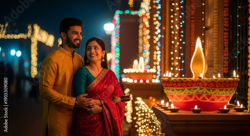 Loving Couple Embracing in Festive Attire Near Illuminated Building