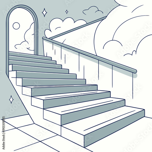 Journey through abstract floating stair landscapes, a surreal visual of upward mobility, progress, and the challenges of reaching goals.