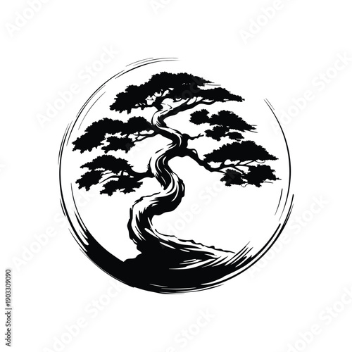 Black and white vintage illustration of an ancient bonsai tree in hand drawn engraving style vector art