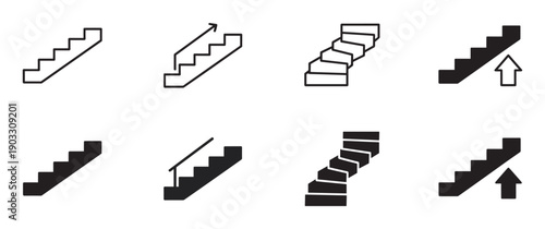 Collection of black staircase icons in various styles, including line art, solid glyphs, and pictograms with arrows, representing steps, progress, and direction for user interface design
