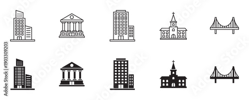 Set of black building icons in line art and solid silhouette styles, including a skyscraper, bank, church, and bridge, representing urban architecture and city elements