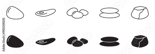 Black vector icon set of various stones including smooth pebbles, flat rocks, and angular minerals, shown in both line art and solid filled glyph styles for design elements