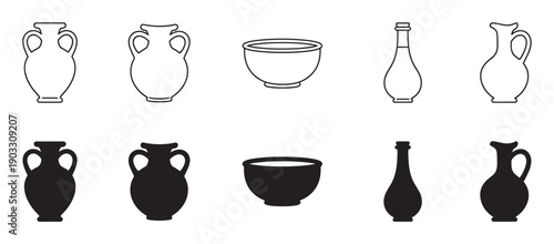 Collection of ancient pottery icons featuring various ceramic vessel shapes like amphora, jugs, and bowls, presented in both black outline and solid silhouette graphic styles