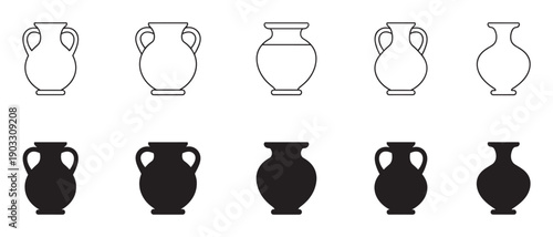 Ancient Greek vase and amphora icon set with various shapes presented in both black silhouette and thin line art styles for graphic design and web interface elements