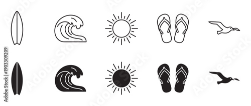 Minimalist summer beach and surfing icon collection with surfboard, wave, sun, sandals, and bird symbols shown in both outline and solid black vector styles