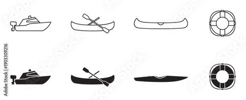 Set of black boat and safety icons in two styles, line art and solid silhouette, depicting a motorboat, canoe, kayak, and lifebuoy for graphic design elements