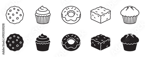 Black and white bakery dessert icon set featuring a cookie, cupcake, doughnut, brownie, and muffin in both outline and solid silhouette graphic styles