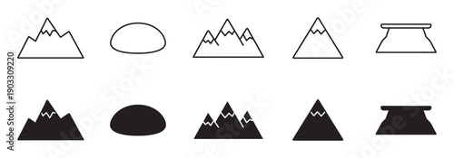 Set of mountain and hill icons in two styles, featuring minimalist line art and solid black silhouettes for graphic design, web elements, and logo creation