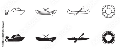 Black boat and water safety icon set featuring a motorboat, rowboat, canoe, and lifebuoy in both outline and solid glyph styles for web or graphic design