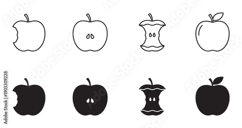 Set of black apple icons showing different stages of eating, including whole, bitten, half, and core, presented in both outline and solid silhouette graphic styles