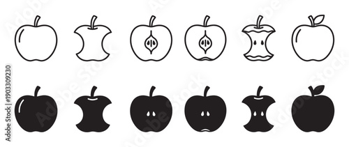 Set of black apple icons showing different stages including whole fruit, a bitten core, and a sliced half in both outline and solid silhouette graphic styles
