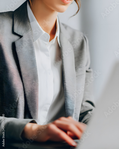 Professional woman working on laptop in modern office environment