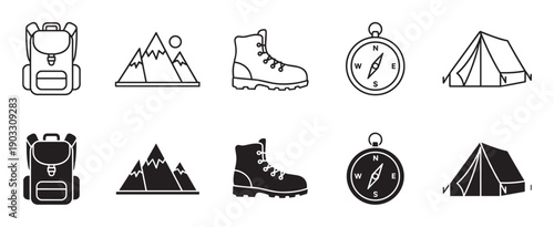 Set of black hiking and camping icons featuring a backpack, mountain, boot, compass, and tent in two styles, line art and solid glyph, for outdoor adventure and travel concepts