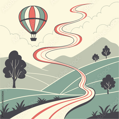 Abstract motion trails flowing across a stylized landmass, symbolizing a dynamic journey and connectivity. Modern vector graphic.