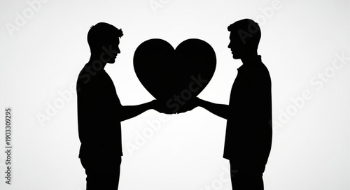 Two men holding a large heart symbol silhouette.