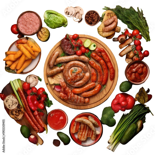 Wallpaper Mural A circular food spread of sausages and fresh veggies Torontodigital.ca
