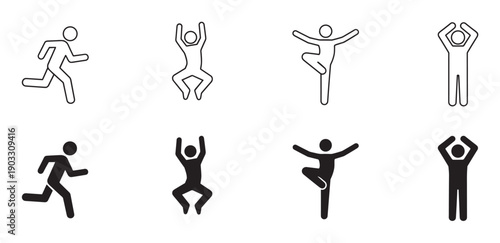 Set of black stick figure icons showing people in various active poses like running, jumping, and balancing, presented in both outline and solid silhouette styles