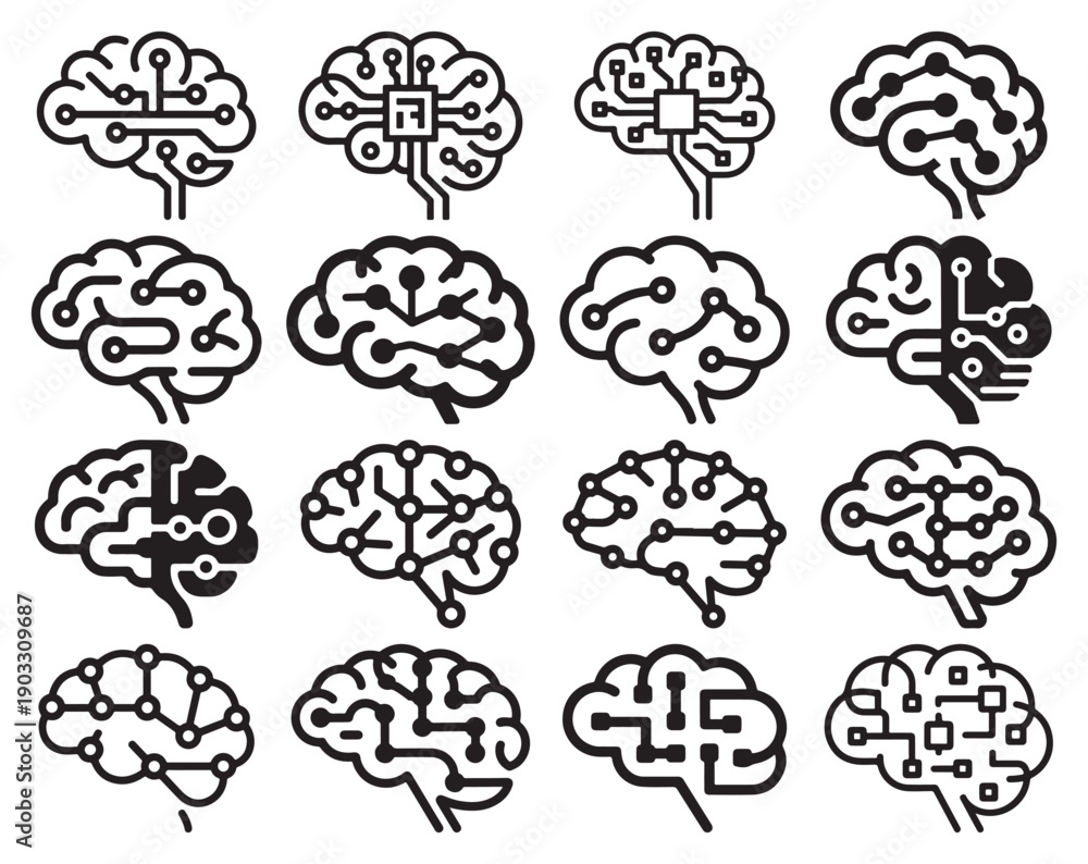 Obraz premium Brain Illustrations with Various Circuit Board Designs on White Background