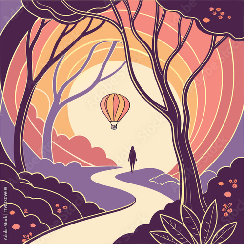 Abstract passage scenery rendered with smooth, flowing shapes suggesting a journey through an imaginative, abstract space. Modern vector illustration.