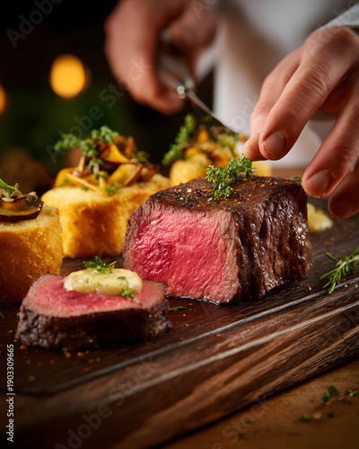 Culinary delights cozy gourmet steak preparation in a restaurant kitchen