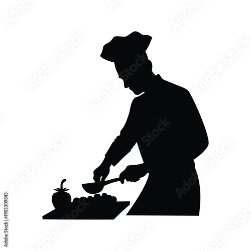 Chef cooking with ingredients on a cutting board silhouette vector illustration, chef chopping vegetables silhouette vector illustration