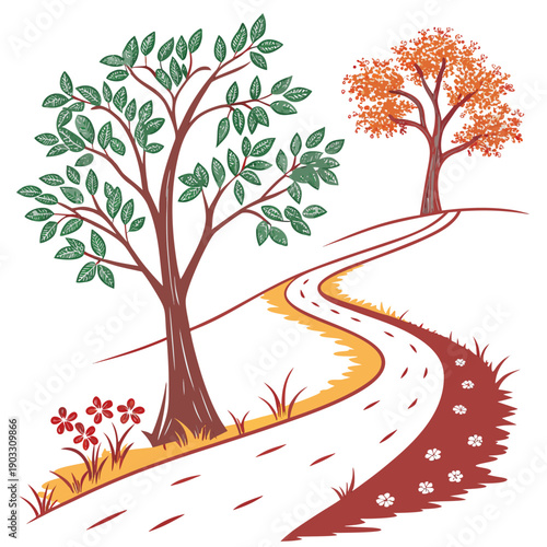 Abstract representation of changing seasons along a path, with colorful transitions symbolizing time, journey, and natural cycles. Vector illustration.