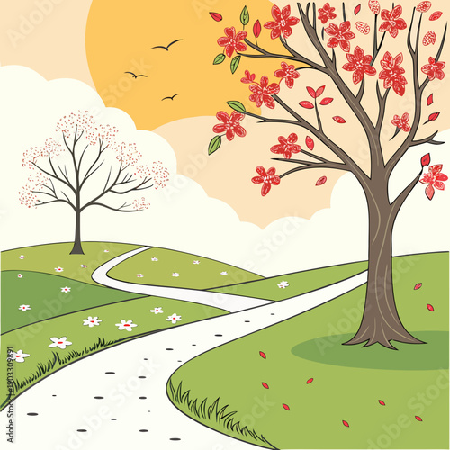 Abstract depiction of seasons changing along a visual path, using vibrant color shifts to represent the passage of time and journey. Vector art.