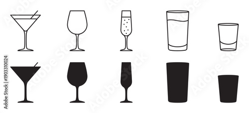 Set of black cocktail glasses icons showing various types of glassware in two different styles, line art outline and solid silhouette, for bar and restaurant menu design