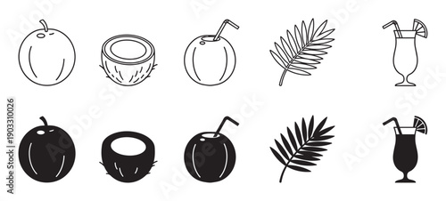 Set of black tropical summer icons featuring coconut fruit, palm leaf, and a cocktail drink in both outline and solid silhouette styles
