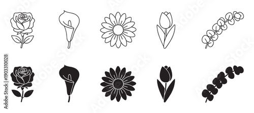 Collection of minimalist flower icons featuring a rose, calla lily, daisy, tulip, and eucalyptus branch in both simple black outline and solid silhouette vector styles
