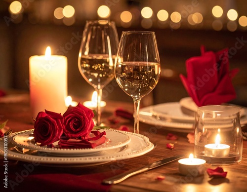 Romantic candlelight dinner table setting with red roses, wine glasses, and bokeh lights, cinematic luxury valentine mood, generative AI.
