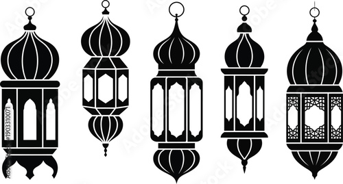 Five distinct black silhouettes of ornate Arabic lanterns are displayed against a plain white background for holiday design.
