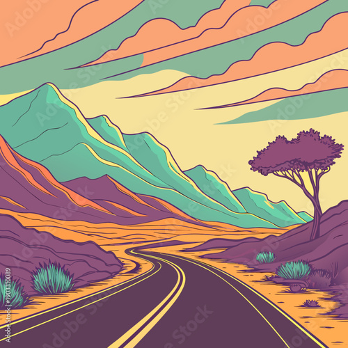 Endless road with shifting color gradients, journey through vibrant abstract landscapes, freedom and exploration concept