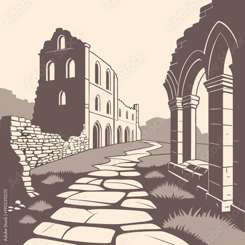 Minimalist reimagining of ancient ruins, a conceptual journey through history and time, clean lines and abstract forms