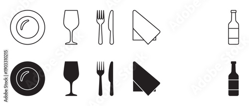 Set of black dining icons showing a plate, wine glass, cutlery, napkin, and bottle in two styles, outline and solid silhouette, for restaurant or food service concepts