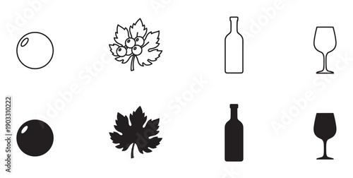 Collection of black wine-related icons featuring a grape, vine leaf, bottle, and glass, presented as both simple line art outlines and solid filled silhouettes