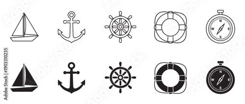Set of black nautical icons showing a sailboat, anchor, ship's wheel, lifebuoy, and compass in both outline and solid silhouette styles for graphic design