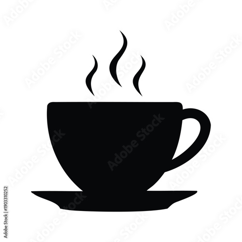 Hot steaming cup of coffee with saucer silhouette vector illustration, coffee cup silhouette vector illustration