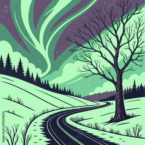 Journey along aurora-lit polar roads under a starry night sky, magical northern lights adventure, winter travel concept