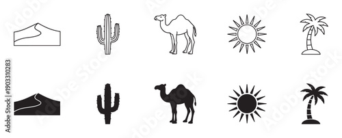 Black and white desert icon collection with a dune, saguaro cactus, dromedary camel, sun, and palm tree presented as minimalist line art and solid black silhouette pictograms