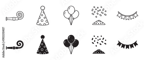 Black party and celebration vector icon set with a party blower, cone hat, balloons, confetti, and flag garland shown in outline and solid silhouette styles