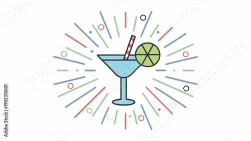 Colorful celebratory cocktail glass with lime and straw festive drink