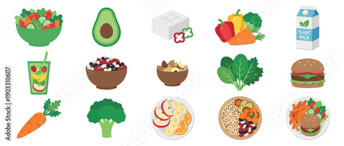 Collection of vegan food icons showing salad, avocado, tofu, vegetables, plant milk, and veggie burgers, representing a healthy plant-based diet in a flat vector illustration style