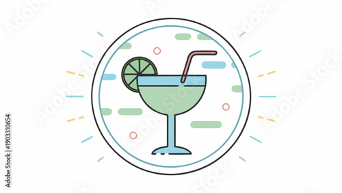 Margarita glass with fresh lime wedge and straw vector icon