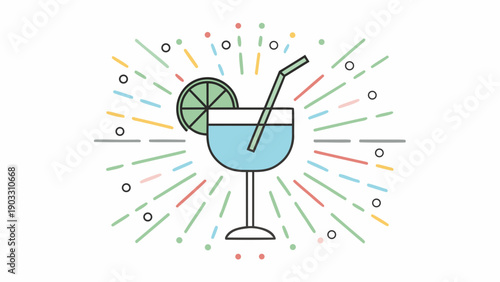 Summer drink glass with thin lime slice and straw