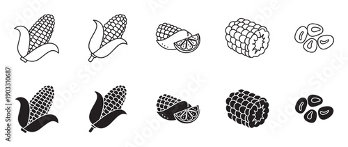 Set of black corn icons in line art and solid glyph styles, featuring a whole cob with husk, half a cob with a lime slice, a broken piece, and loose kernels