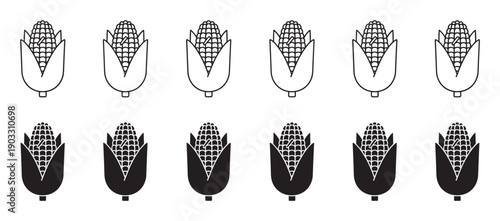 Collection of corn on the cob icons in black, arranged in two rows showing a minimalist line art outline style and a solid filled silhouette glyph version for graphic design